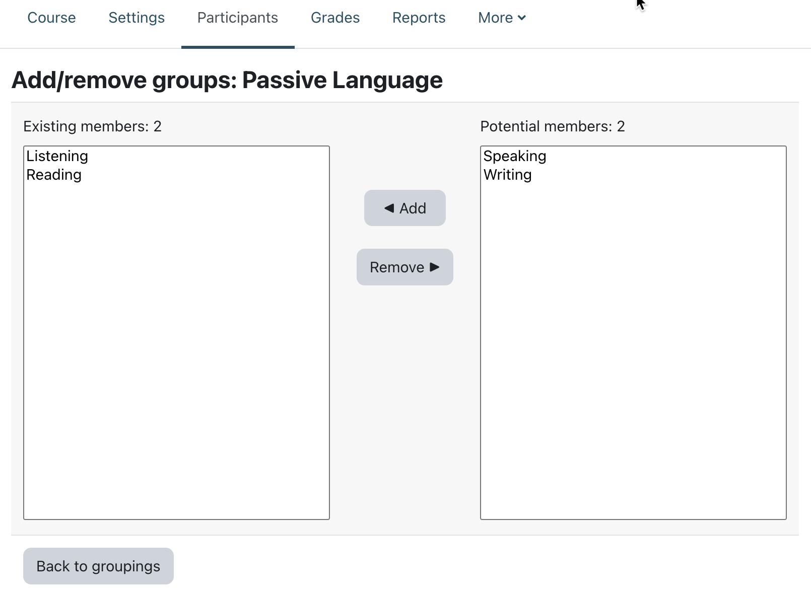 Adding groups to a
grouping