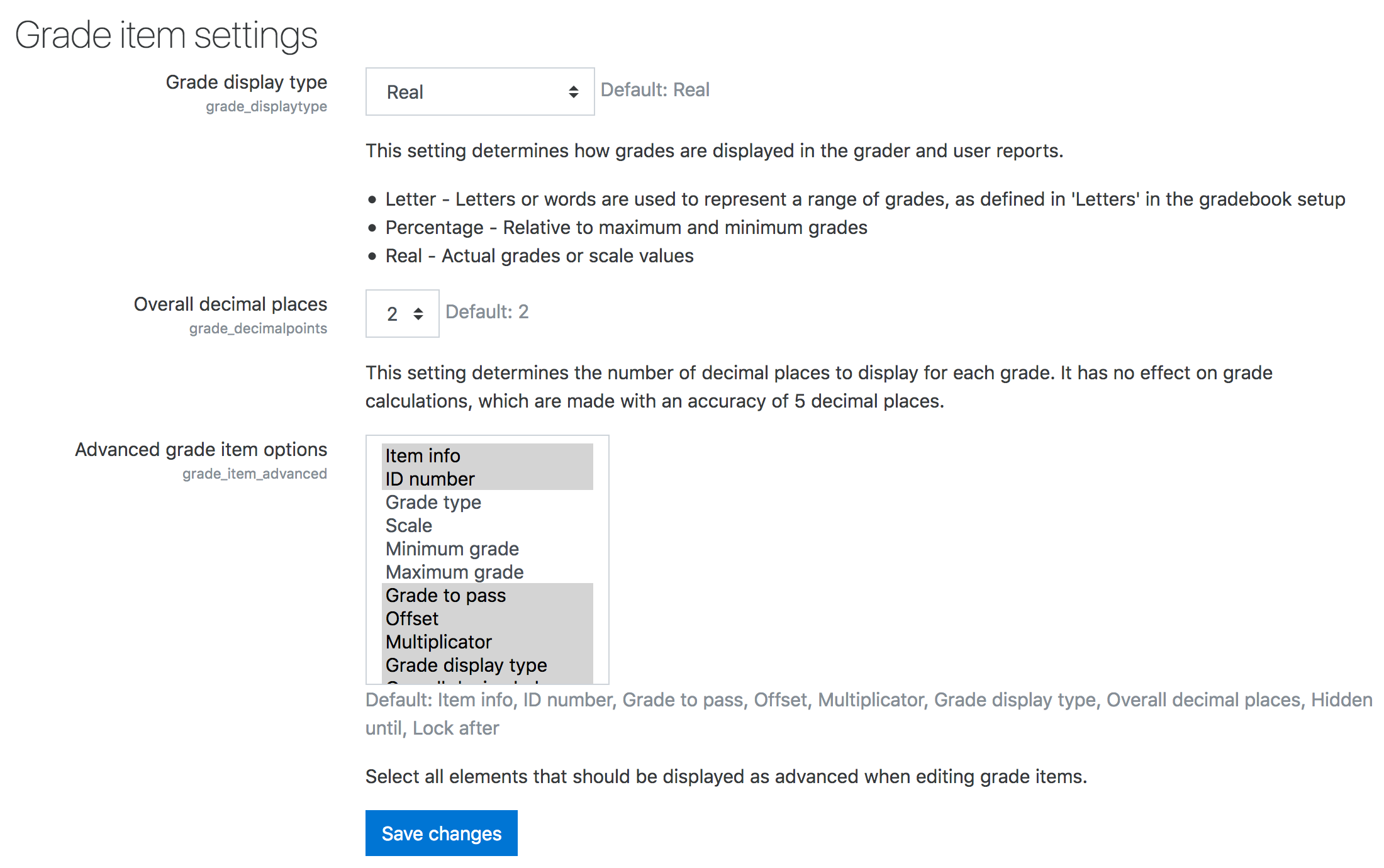 Grade item settings screen Grade item settings
screen