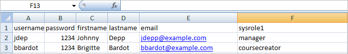 Example of a file for uploading users with global/system roles Example of a file for uploading users with global/system roles