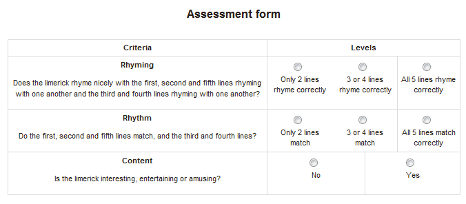 Assessment Form in grid mode